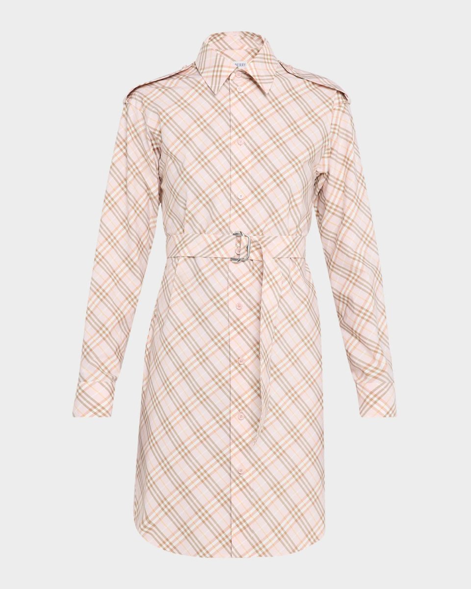 Check Belted Long-Sleeve Mini Shirtdress